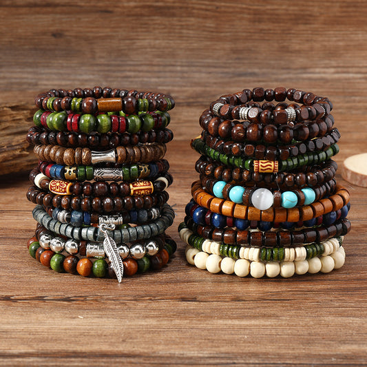 22 Bohemian Retro Wooden Bead Bracelet Suit