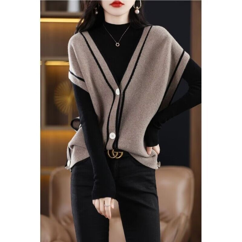 Single-breasted Color Matching Sleeveless Sweater Coat Loose Knitted Cardigan Waistcoat