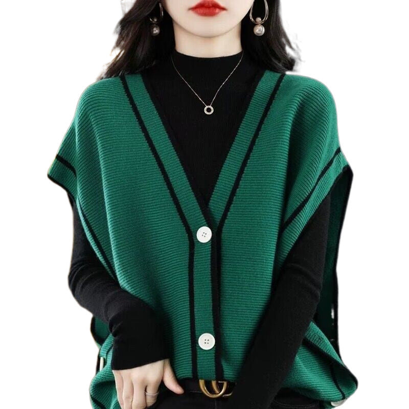 Single-breasted Color Matching Sleeveless Sweater Coat Loose Knitted Cardigan Waistcoat