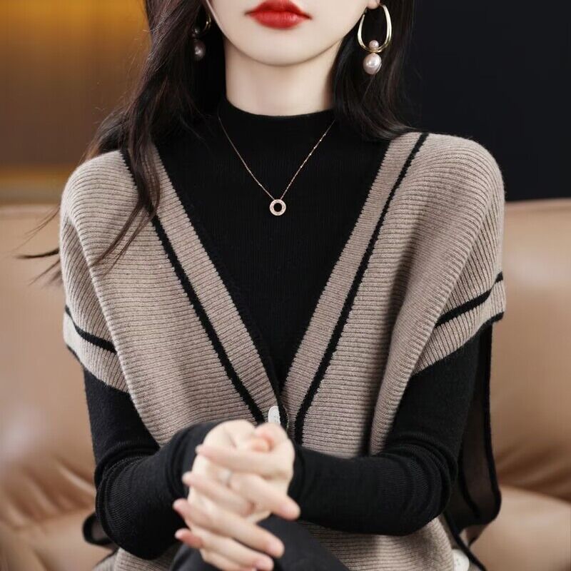 Single-breasted Color Matching Sleeveless Sweater Coat Loose Knitted Cardigan Waistcoat